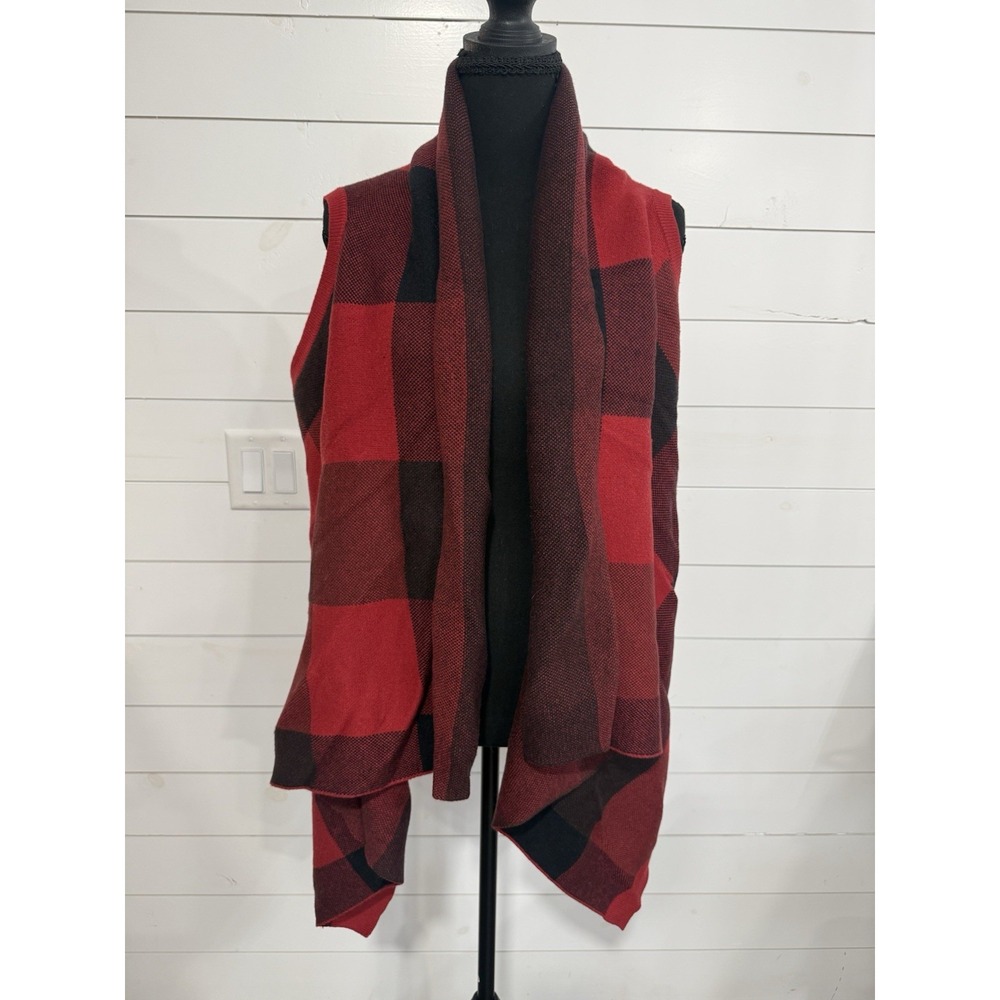Woolrich Women's Buffalo Plaid Red Black Wool Blend Sleeveless Cardigan Duster L